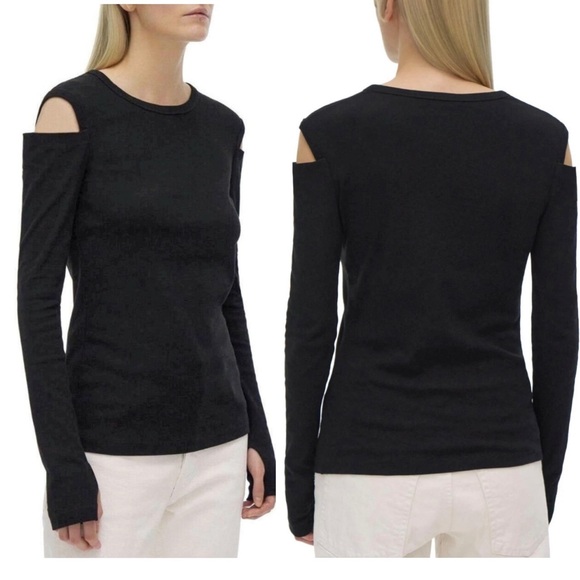Helmut Lang Women’s Slash Cold Shoulder Square Neckline Long Sleeve Top Black - Picture 3 of 13